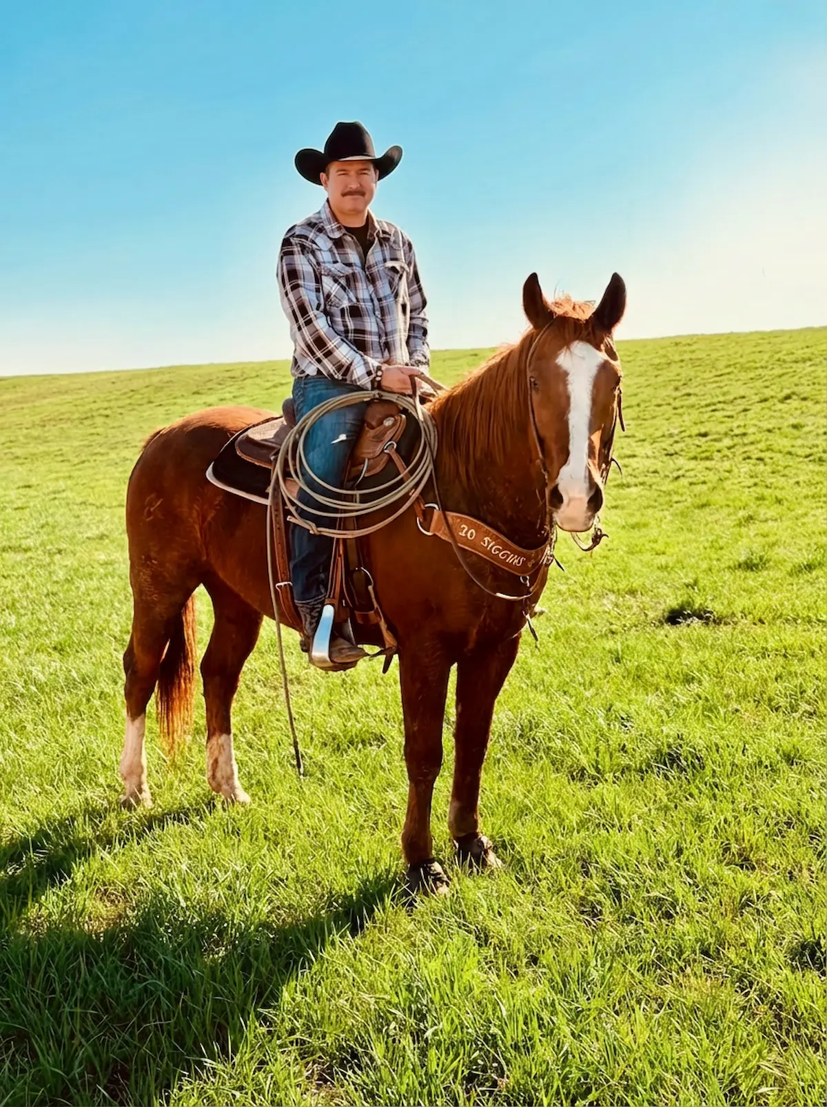 Powell Parker mounted on horseback in the pasture