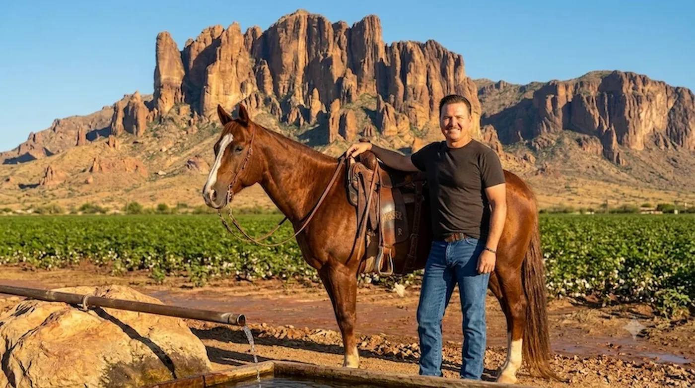 Powell Parker with horse Monty at the foot of the Superstition Mountains